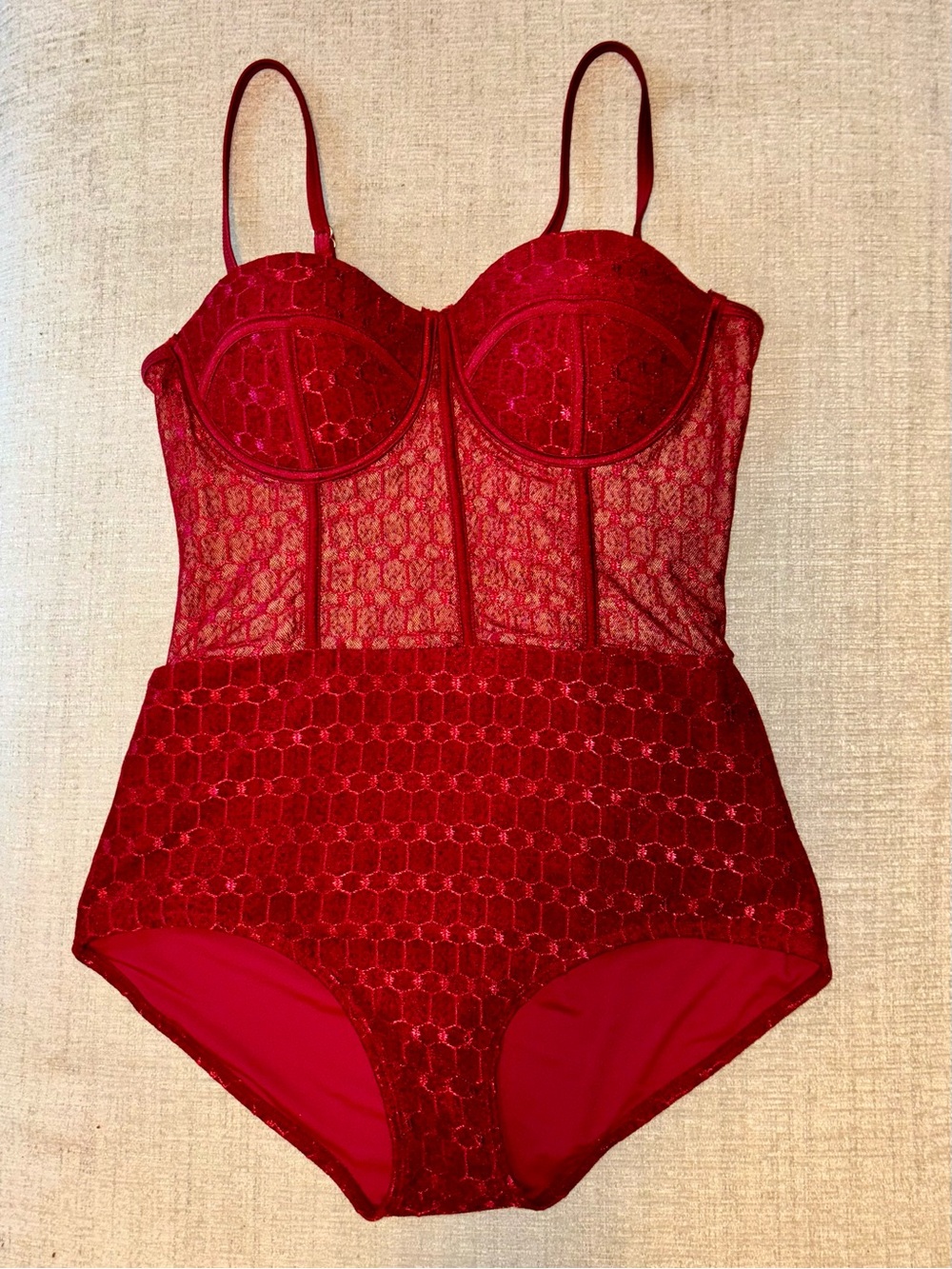 LM Agnese Romantic Burgundy Lace One Piece Bathing Swimsuit Underwire Lingerie - Picture 2 of 10